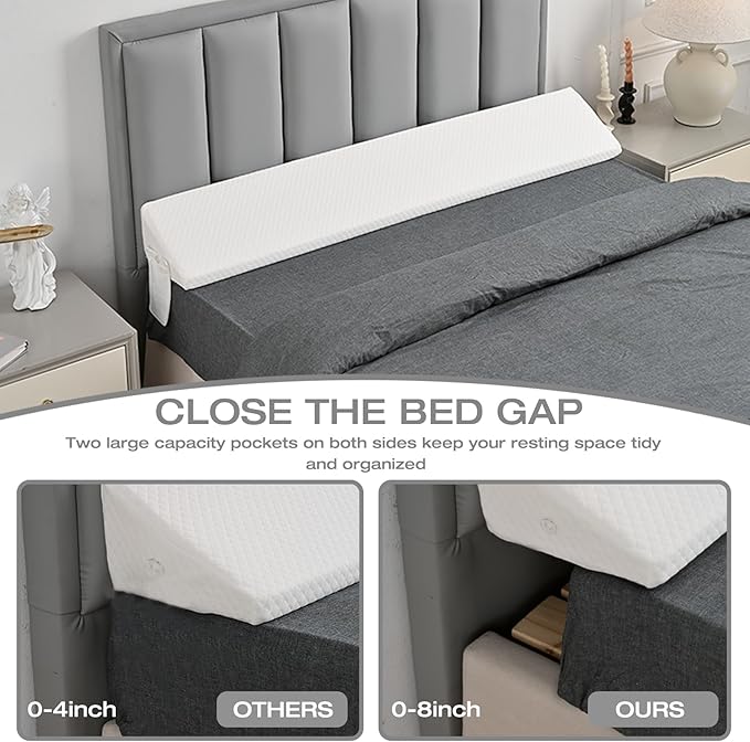 Queen Size Wedge Pillow Headboard Gap Bed Crack Filler Triangle Nora Pillows Long Plus Gap(0-8") Between Mattress and Headboards for Dorm Sleeping Backest Room Accessories Apartment Must Haves White