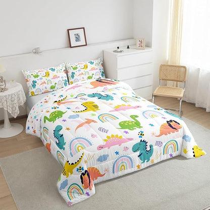 Feelyou Boys Dinosaur Bedding Sets Toddler Size Girls Colorful Dinosaurs Comforter Set Cute Cartoon Dino Rainbow Down Comforter Quilt Kids Room Decor Reversible Stars Bed Set for All Seasons