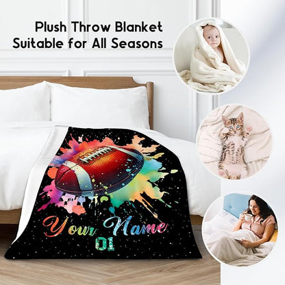 Personalized Football Blanket, Custom Football Gifts for Boys Men Adults, Flannel Throw Blankets for Team Player, Sport Theme Throws Boys Room Decor for Couch Sofa (Colorful, 30x40 Inch)