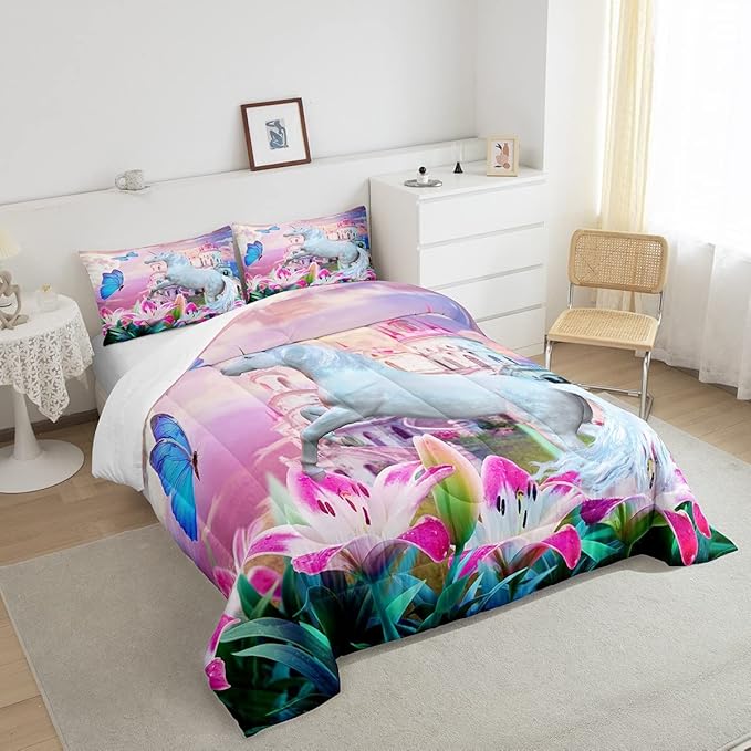 Feelyou Unicorn Bedding Set Jumping Unicorn Decor Comforter Set for Kids Boys Girls Magical Butterfly Lily Floral Comforter Princess Castle Quilt Set Room Decor 3Pcs Full Size