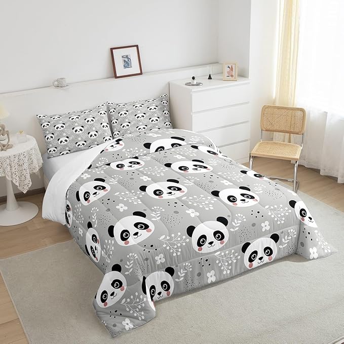 Kawaii Panda Comforter Set King Size Cartoon Animal Bedding Set Bedroom Decor Watercolor Leaves Botanical Quilt Set for Kids Boys Girls Cute Pandas Duvet Insert 3Pcs