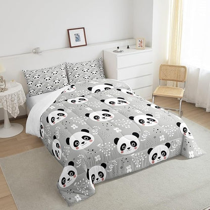 Kawaii Panda Comforter Set King Size Cartoon Animal Bedding Set Bedroom Decor Watercolor Leaves Botanical Quilt Set for Kids Boys Girls Cute Pandas Duvet Insert 3Pcs