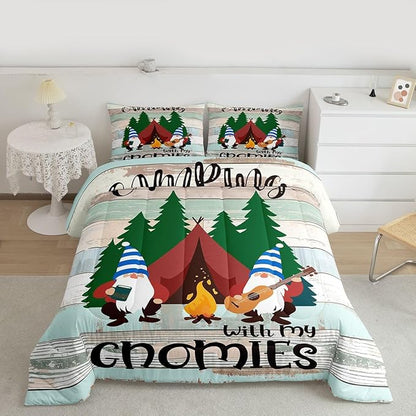 Feelyou Camper Bedding Set Queen Kids Cute Gnome Happy Camping Comforter Set for Girls Boys Cartoon Gnomies Farmhouse Comforter Soft and Cozy Quilted Set Rustic Room Decor Comforter Inner Fill