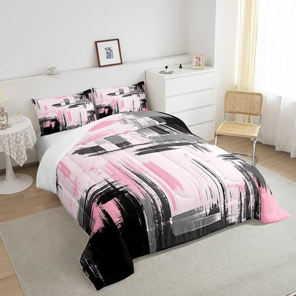 Feelyou Abstract Bedding Set Kids Modern Abstract Art Comforter Set Pink Black Comforter for Boys Room Decor Lightweight Retro Duvet Set Toddler Size with 1 Pillow Case