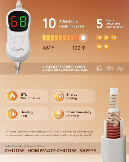 Homemate Electric Heated Blanket King Size - 100"x90" Heating Blanket King Size Dual Control 1/2/4/6/8 Hours Auto-Off 10 Heat Level Over-Heat Protection Flannel Sherpa ETL Certification