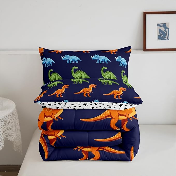 Feelyou Cartoon Dinosaur Bedding Set King, Dark Blue Dinosaur Comforter Set for Kids Dinosaurs Print Comforter Boys Girls Jungle Dino Duvet Set Breathable Bedroom Decor with 2 Pillow Case