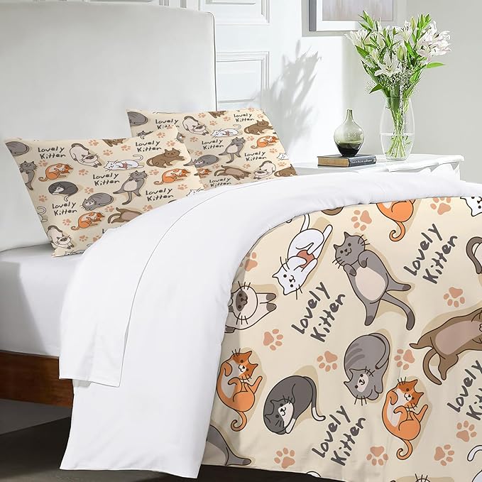 Cute Cat Theme 3 Pieces Duvet Cover Comforter Set with 2 Pillowcase Full Size Cat Puppy Bed Sheet Quilt Bedroom Bedding for Lover Kids