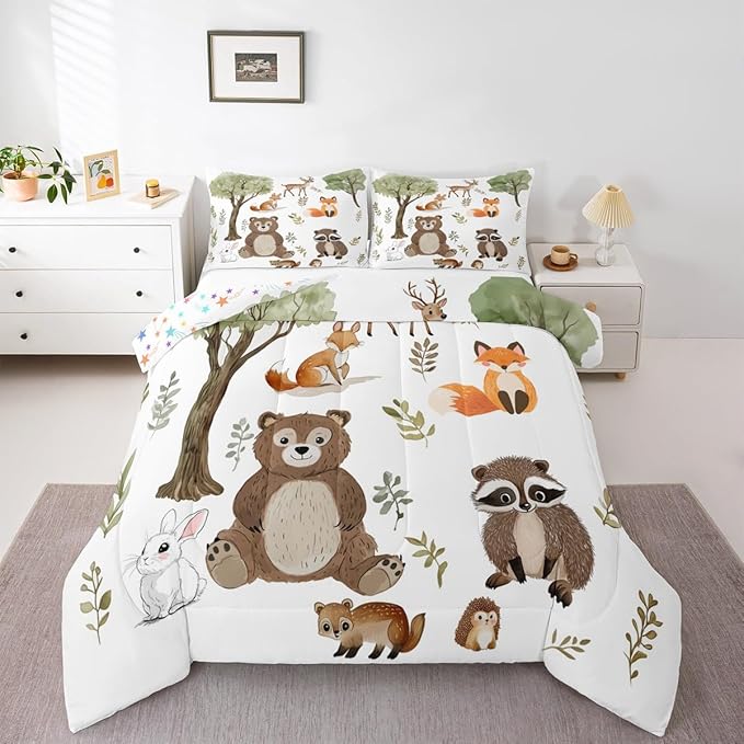 jejeloiu Woodland Animals Bedding Set Full Size Bear Fox Comforter Set for Kids Boys Girls Neutral Theme Duvet Set Forest Animal Quilt Set 3Pcs