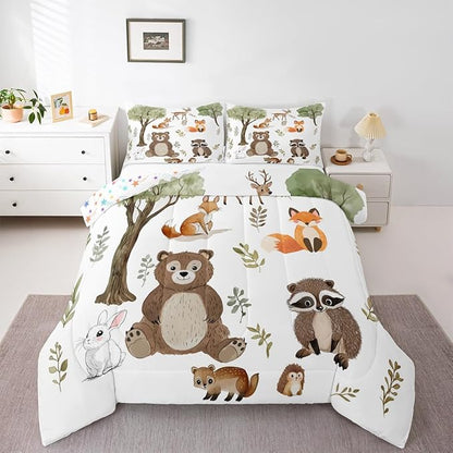jejeloiu Woodland Animals Bedding Set Queen Size Bear Fox Comforter Set for Kids Boys Girls Neutral Theme Duvet Set Forest Animal Quilt Set 3Pcs