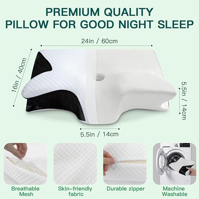 Memory Foam Cervical Pillow, 2-in-1 Ergonomic Neck Support Pillow with Armrest & Ear Hole, Contour Orthopedic Bed Pillow for Pain Relief, Adjustable Height for Side, Back & Stomach Sleepers