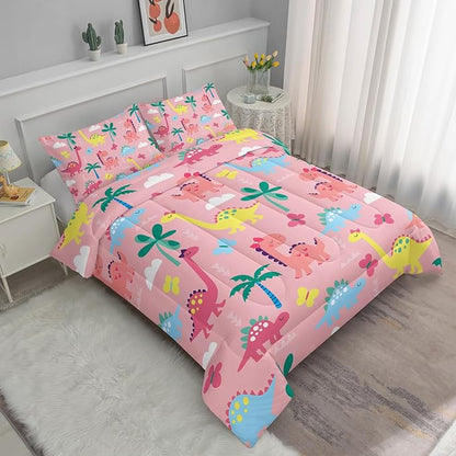 Axolotl Cute Dinosaur Comforter Set King,Colorful Dino Girls Bedding Set,Dinosaurs Animal Print Comforter,Botanical Palm Trees Bed,Butterfly Bedding for Kids Girls Teens,1 Quilt 2 Pillowcases,Pink