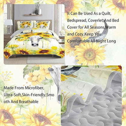 AILONEN Bull Skull Quilt Set Twin Size,Yellow Sunflower Bedspread Coverlet with 2 Pillowcases,3-Piece Soft Lightweight Boho Bed Cover