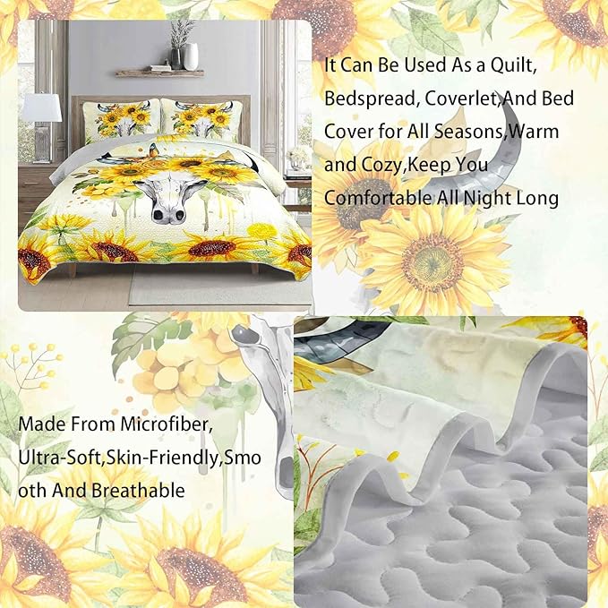 AILONEN Bull Skull Quilt Set King Size,Yellow Sunflower Bedspread Coverlet with 2 Pillowcases,3-Piece Soft Lightweight Boho Bed Cover