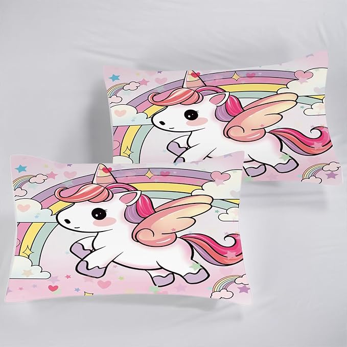 Pink Unicorn Sheet Set: Rainbow Unicorn Bedding Twin Size for Kids Girls Teens Bedroom Bed - 1 Flat Sheet, 1 Fitted Sheet, 1 Pillowcase