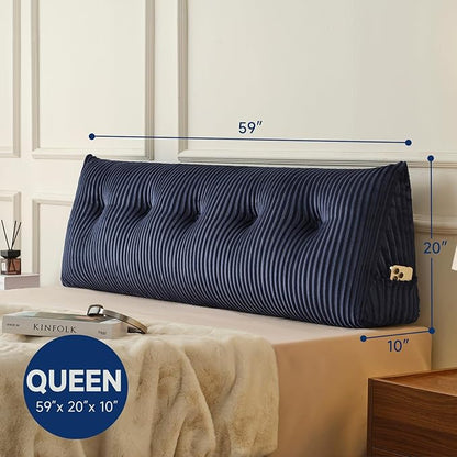 Z-hom Queen Headboard Pillow, Triangular Wedge Reading Pillow for Bed or Sofa, Ergonomic Backrest Cushion for Sitting Up, Reading or Relaxing, with Side Pocket，Removable Washable Cover,Blue