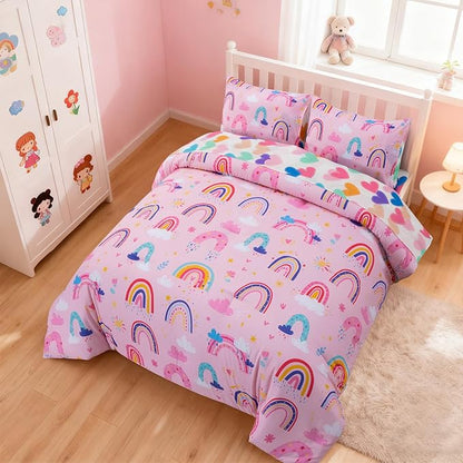 Holawakaka Boho Rainbow Full Comforter Set with Sheets, 5-Piece Bohemian Love Heart Bedding Set for Girls & Women - Super Soft Microfiber Kids Teen-Girls Full Size Pink Reversible Bed-in-a-Bag