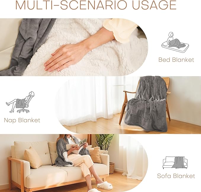 Electric Heated Blanket 72"x84" Full Size - Flannel & Sherpa Fabric Dual-Sided, 6 Heat Settings & 1-10 Hours Auto Off, Soft & Cozy Warming Throw for Home, Office, or Bed, Machine Washable, Light Gray