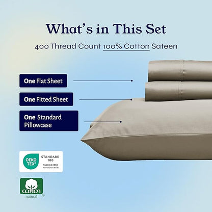 California Design Den Soft Twin Sheets Set - 400 Thread Count Sateen, Natural 100% Cotton Sheets, Deep Pockets, and Durable Bedding Set for Dorm Rooms & Adults - Taupe