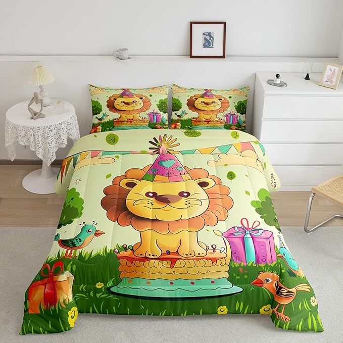 Cartoon Lion Bedding Set Queen Size Happy Birthday Theme Comforter for Child Teens Cute Birds Animal Down Comforter Funny Fairy Tale Duvet Insert with 2 Pillowcases