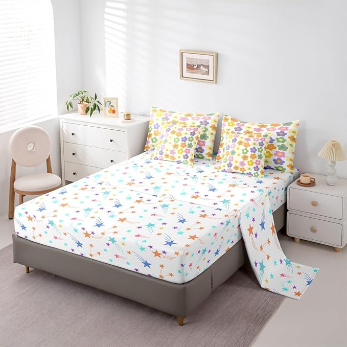 Feelyou Cute Flower 7 Piece Bedding Set Colorful Floral Comforter Set with Sheets for Kids Boys Girls Kawaii Theme Bed in a Bag White Bed Set Soft Lightweight