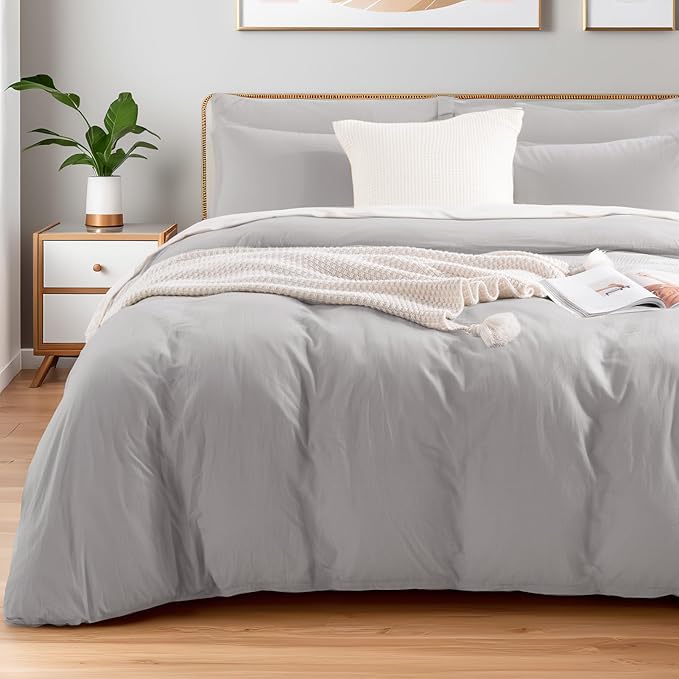 NEXHOME PRO Duvet Cover Set 100% Washed Cotton Full Size Linen Feel Textured Organic Natural 3 Pieces Bedding Set with Zipper Closure and Corner Ties, Breathable and Soft (Light Grey, No Comforter)
