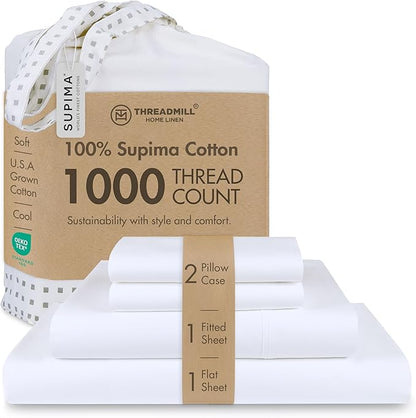 Threadmill Certified 100% American Supima Luxury Cotton Sheets California-King Sheets,1000 Thread Count Sateen Weave, 4 Pc Luxury Bed Sheets Set, Hotel White Sheet with Elasticized Deep Pocket