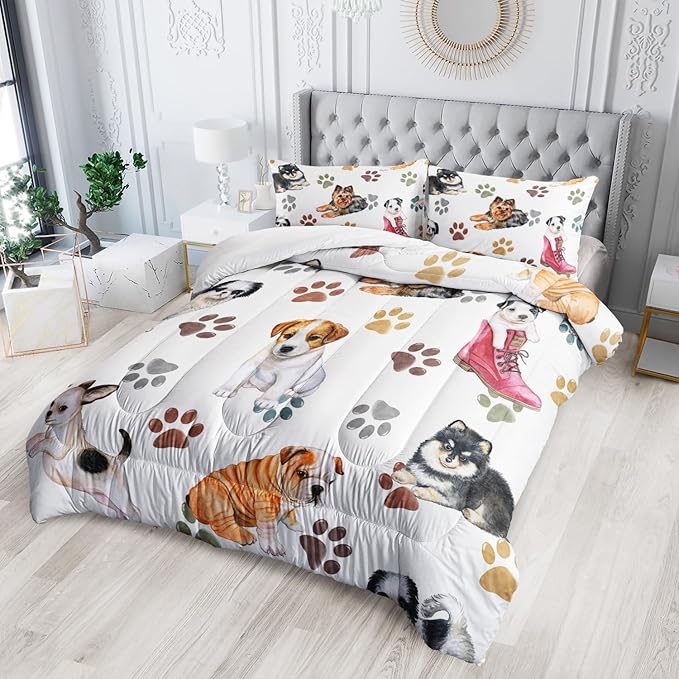Kawaii Cartoon All Kinds of Dogs Animal Themed Comforter 3Pcs Full Colorful Paw Printed Bedding Set for Kids Teens Girls Boys Bed Decor Cute Puppy Quilt with 1 Comforter and 2 Pillowcases