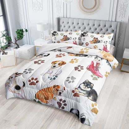 Kawaii Cartoon All Kinds of Dogs Animal Themed Comforter 3Pcs Full Colorful Paw Printed Bedding Set for Kids Teens Girls Boys Bed Decor Cute Puppy Quilt with 1 Comforter and 2 Pillowcases