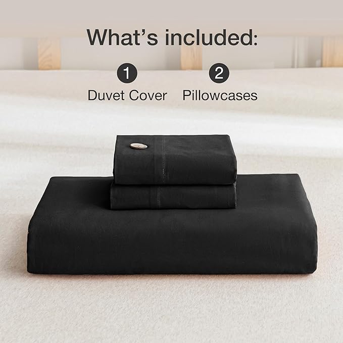 JELLYMONI Cotton Duvet Cover King Size - Pure Black Comforter Cover with Button 100% Washed Cotton 3PCS Breathable Soft Solid Bedding Set Duvet Cover 104×90in & 2 Pillowcases (NO Comforter)