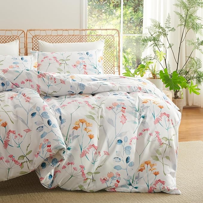 Floral Duvet Cover Queen 3 Pieces Watercolor Flower Pattern Bedding Set for Girls Colorful Flower Aesthetic Bedding Soft Microfiber Farmhosue Comforter Cover with 2 Pillowcases