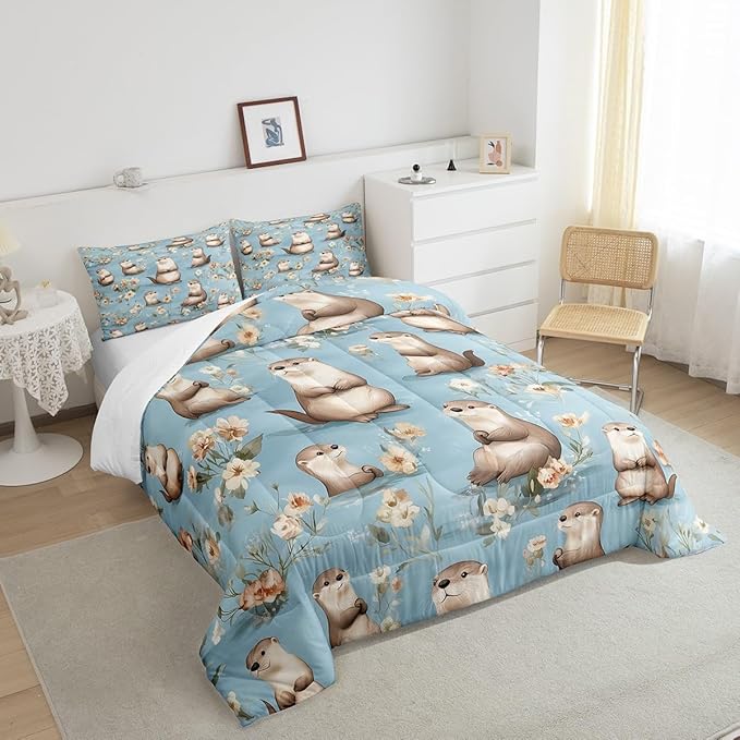 Cartoon Otter Comforter Set Toddler Size 2 Pcs Cute Gray Wild Animal Decor Bedding Sets for Kids Boys Girls Teens Watercolor Retro Flowers Rustic Style Quilted Comforter with 1 Pillowcase