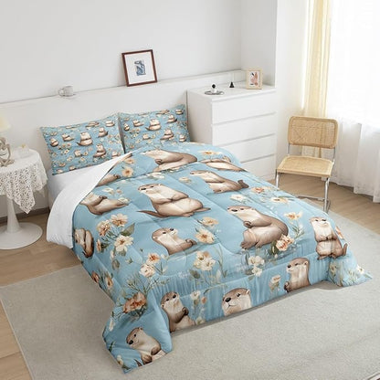 Cartoon Otter Comforter Set Full Size 3 Pcs Cute Gray Wild Animal Decor Bedding Sets for Kids Boys Girls Teens Watercolor Retro Flowers Rustic Style Comforter Duvet Set with 2 Pillowcases