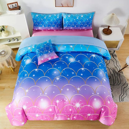 URBONUR Mermaid Comforter Set Full Size 6 Pieces Bed in a Bag Pink Blue Girls Bedding Colorful Bedroom Decor Soft All Season Kids Bed Sets