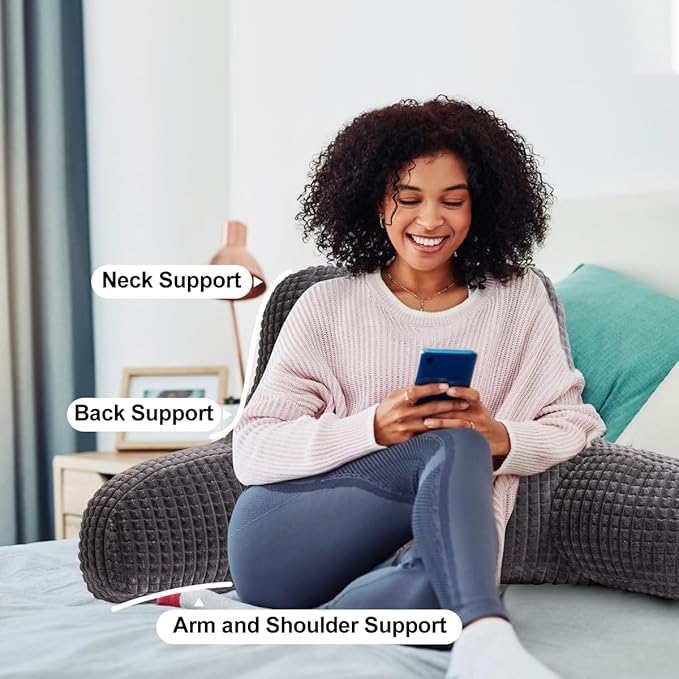 Holawakaka Reading Pillow for Bed and Sofa Couch Sitting Up, Backrest Pillows with Arms for Kids Teens Adults, Back Support Cushion for Lounging, Watching TV, Working on Laptop, Dark Grey