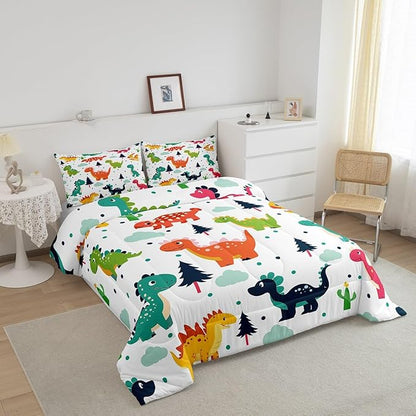 Cartoon Dino Kids Comforter Set Twin Size,Cute Dinosaur Watercolor Wild Animal Bedding Set for Kids Boys Men,Kawaii Dino Dots Pine Cloud Print Quilted Duvet Set with 1 Pillowcase
