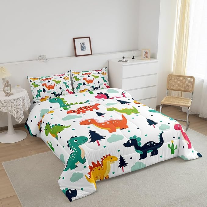 Cartoon Dino Kids Comforter Set King Size,Cute Dinosaur Watercolor Wild Animal Bedding Set All Season Quilt Set,Kawaii Dino Dots Pine Cloud Print Microfiber Polyester Down Comforter