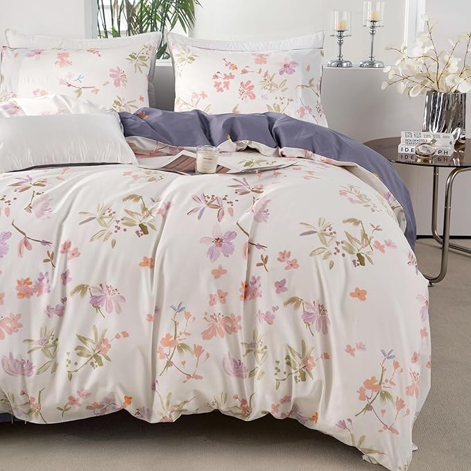 Queen Floral Duvet Cover 100% Soft Cotton 3 Pieces Flower Bedding Set for Girls Women Chic Garden Style Luxury Purple Floral Pattern Printed Floral Queen Duvet Cover with Zipper Closure