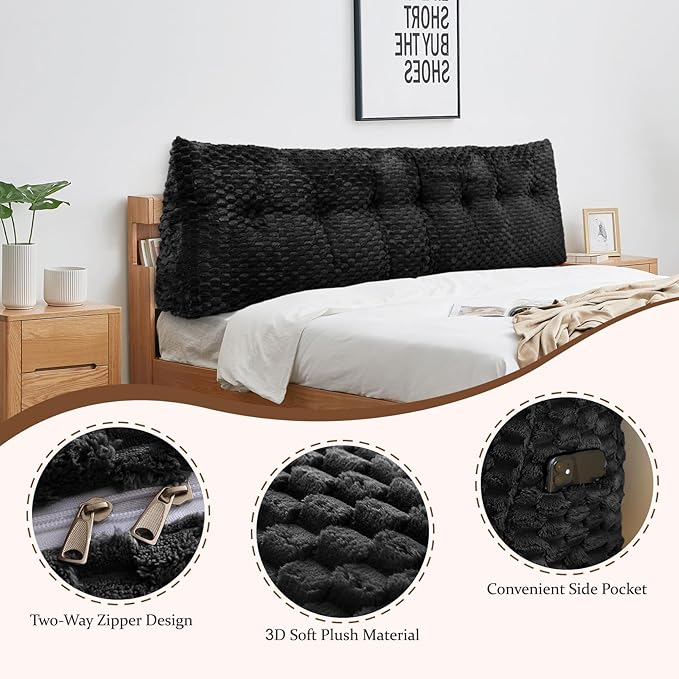 Large Headboard Wedge Pillow, Bed Rest Reading Pillow, Back Support Long Pillow, Bed Bolster Rest Reading Pillow with Removable Cover (Black, King:76 * 20 * 8Inches)