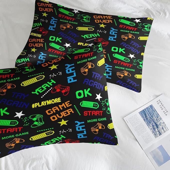 Comforter Set Twin Size, Retro Computer Gamepad 5 Pcs Bedding for Kids and Adults, Cartoon Video Game Bed Sheet Sets with Fitted Sheet Pillowcase & Sham for Bedroom Bed Decor
