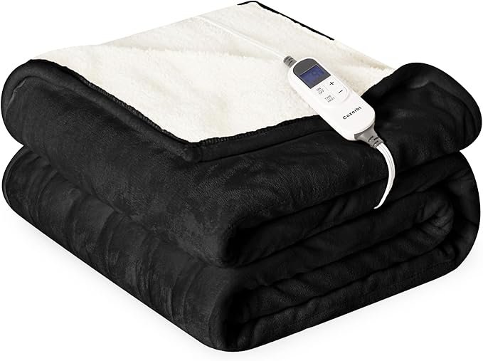 Heat Blanket 50”x60” Throw,Soft Flannel & Sherpa Reversible Electric Blanket with 10 Heat Settings,12 Timer Setting and 3 Hours Auto-Shut Off,ETL Certified Machine Washable,Black