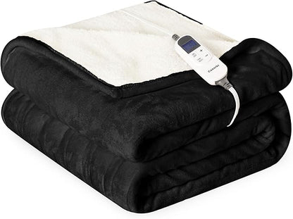 Heat Blanket 50”x60” Throw,Soft Flannel & Sherpa Reversible Electric Blanket with 10 Heat Settings,12 Timer Setting and 3 Hours Auto-Shut Off,ETL Certified Machine Washable,Black