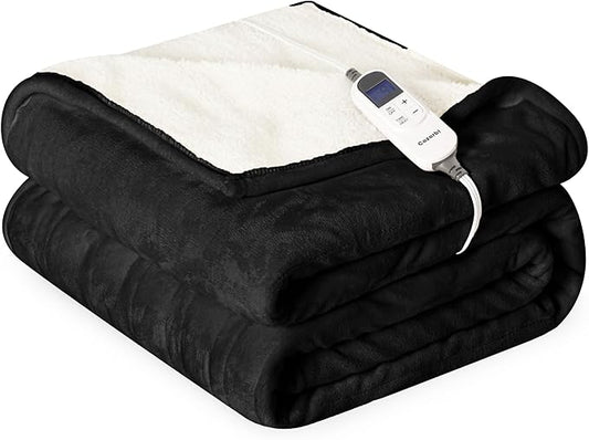 Heat Blanket 72”x84” Full Size,Soft Flannel & Sherpa Reversible Electric Blanket with 10 Heat Settings,12 Timer Setting and 8 Hours Auto-Shut Off,ETL Certified Machine Washable,Black