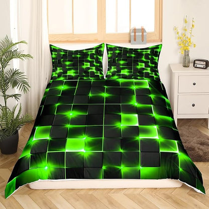 Castle Fairy Bedding Set King Size for Teens,3D Modern Abstract Square Grid Comforter Cover with 2 Pillowcases,Green Neon Light Geometric Print Duvet Cover Set Microfiber Quilt Cover