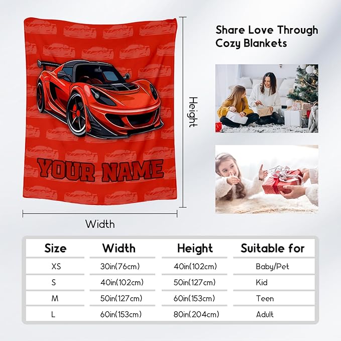Personalized Racing Car Blanket, Cozy Soft Throw Gifts for Kids, Cute Red Flannel Throw Blankets for Couch Sofa, 40x50 Inches