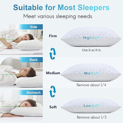 QUTOOL Cooling Pillow for Sleeping 2 Pack,Luxury Shredded Memory Foam Bed Standard Pillows Set of 2,Cool Pillow for Hot Sleepers Adjustable Firm Pillow for Side,Back,Stomach Sleepers Soft Yet Support