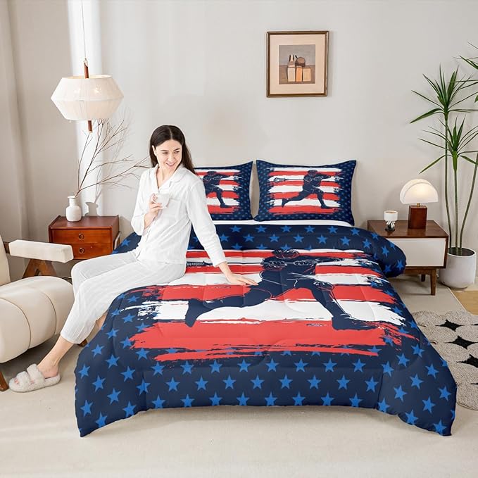 Feelyou Lacrosse Comforter Set Twin Size Boys Gilrs American Flag Sports Theme Bedding Set for Kids Adults Ultra Soft Lacrosse Player Games Comforter Navy Blue Duvet Set Room Decor Quilt Set