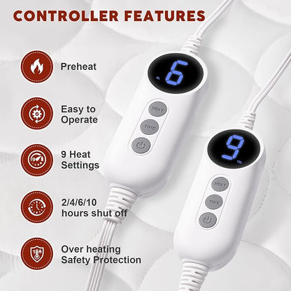 MASVIS Heated Mattress Pad Queen Size with Dual Control - Electric Mattress Pad Cover with 9 Heating Settings & Auto Off 2/4/6/10 Hrs, Deep Pocket Bed Warmer Protector for Winter, ETL Certified,White