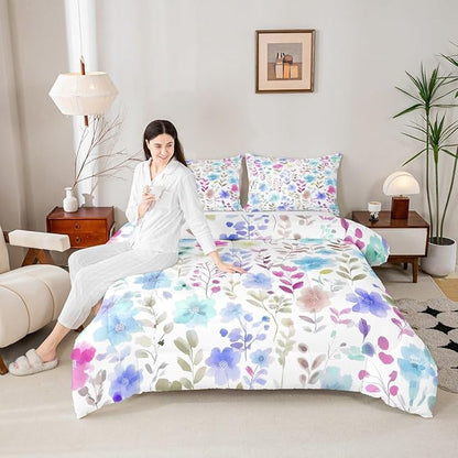 Erosebridal Cute Floral Boho Queen Comforter Set,Pink and Blue Purple Flower Bedding Sets for Kids Girls,Farmhouse Spring Flowers Bed Set,Colorful Wildflower Room Decor,2 Pillowcases Breathable