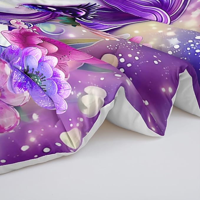 Girls Purple Cartoon Unicorn Comforter Set for Kids Girls Toddlers, Pink Flower Comforter Set Twin Size, 3Pcs Cartoon Kawaii Unicorn Quilte Set Room Decorative