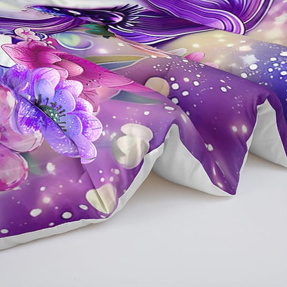 Girls Purple Cartoon Unicorn Comforter Set for Kids Girls Toddlers, Pink Flower Comforter Set Twin Size, 3Pcs Cartoon Kawaii Unicorn Quilte Set Room Decorative